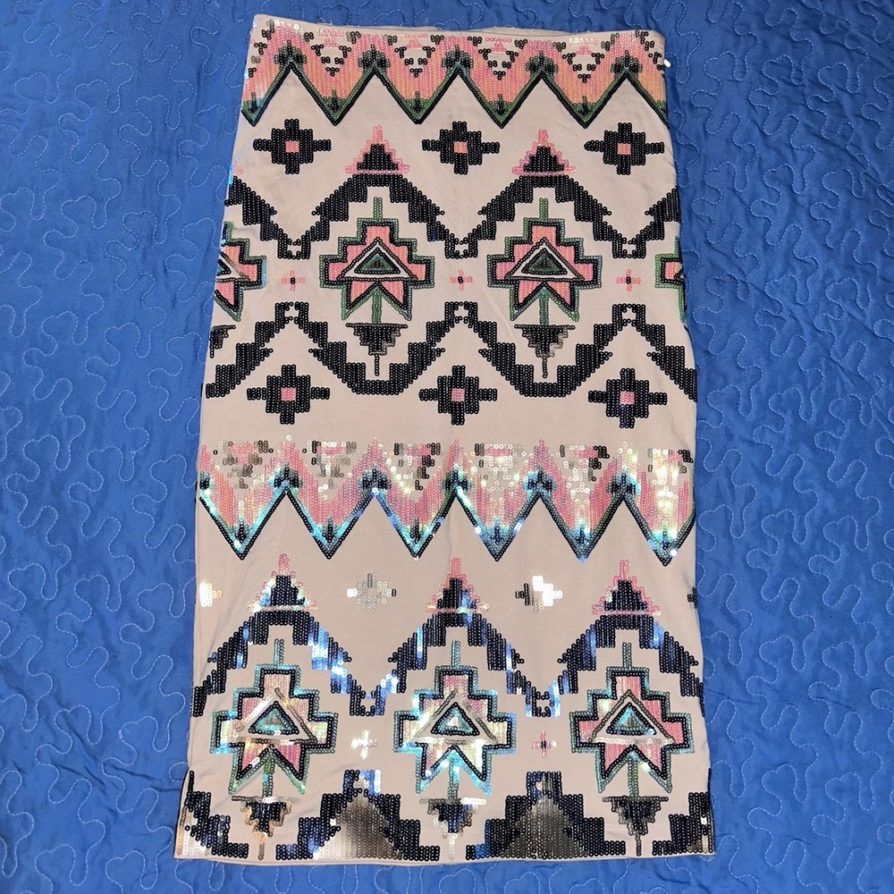 New Express Aztec Sequin Midi Skirt Small Petite Stretch Side Zip Flawed